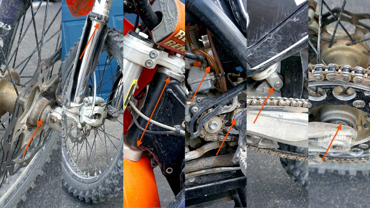 A photo collage demonstrating with orange arrows what to avoid when washing a dirt bike