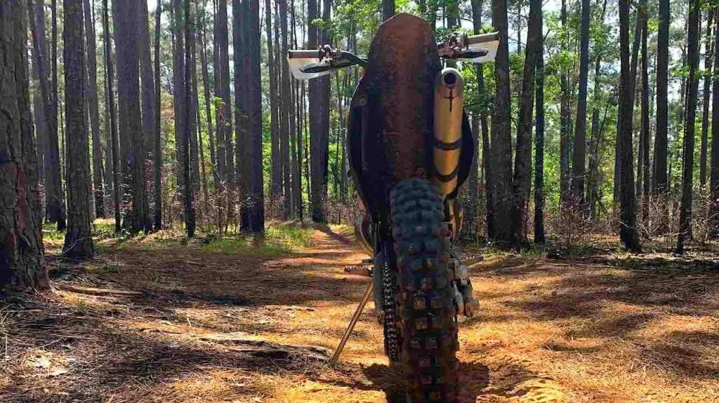 Dirt bike standing on a trail in Sam Houston National Forest