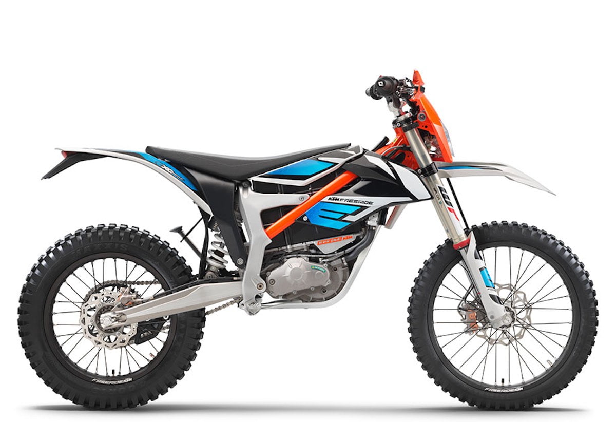 Side view of the fourth best women's dirt bike for beginners KTM Freeride E-XC