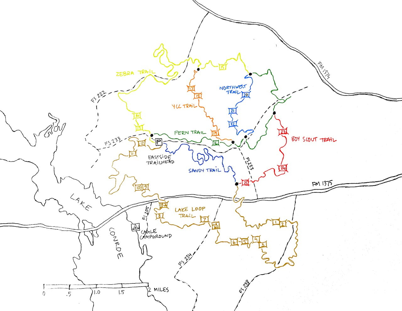 Sam Houston National Forest trail map showing the eastside off road trails in different colors